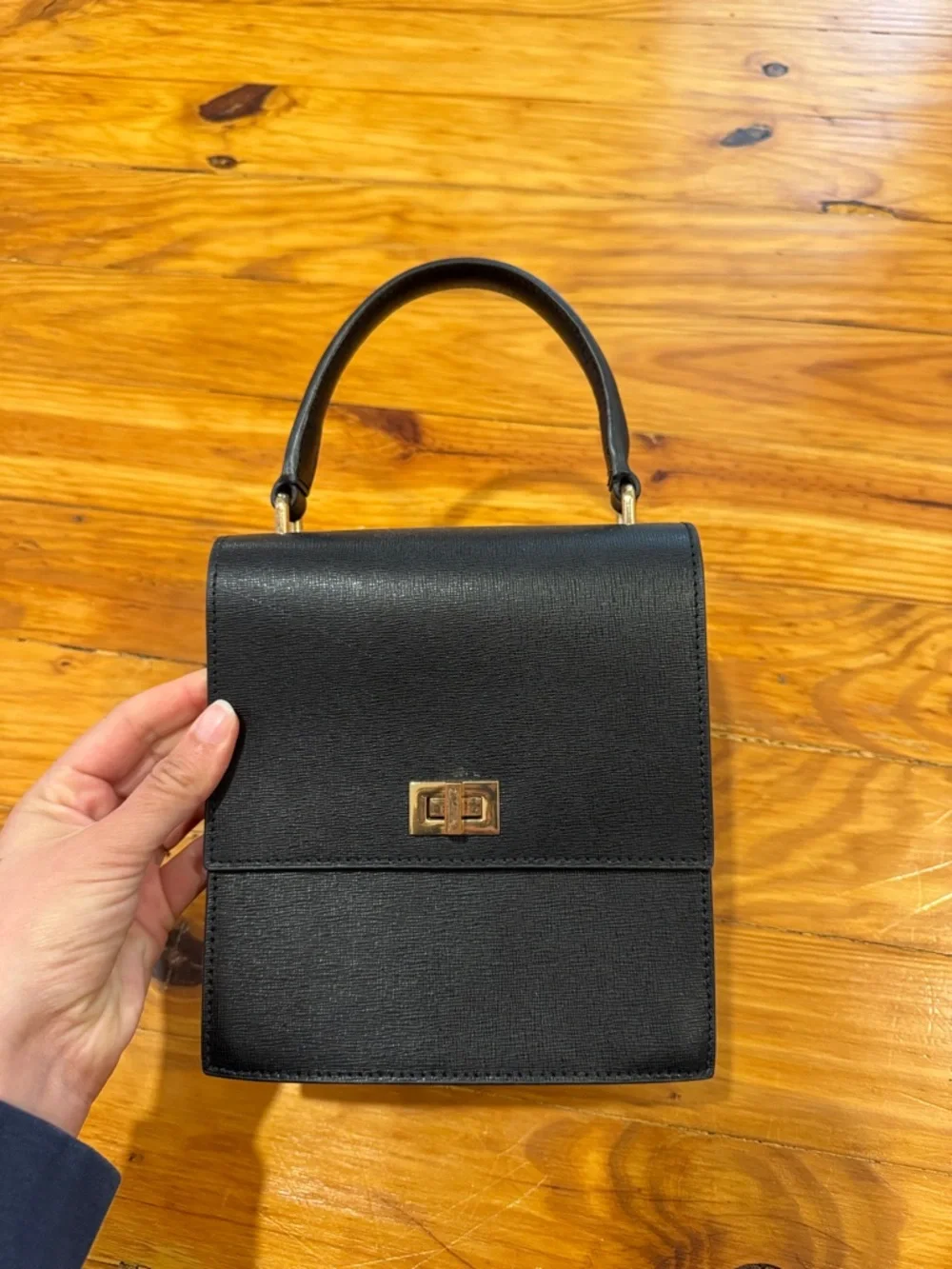 Structured Black Mini Top-Handle Bag with Gold Closure - Picture 1 of 6